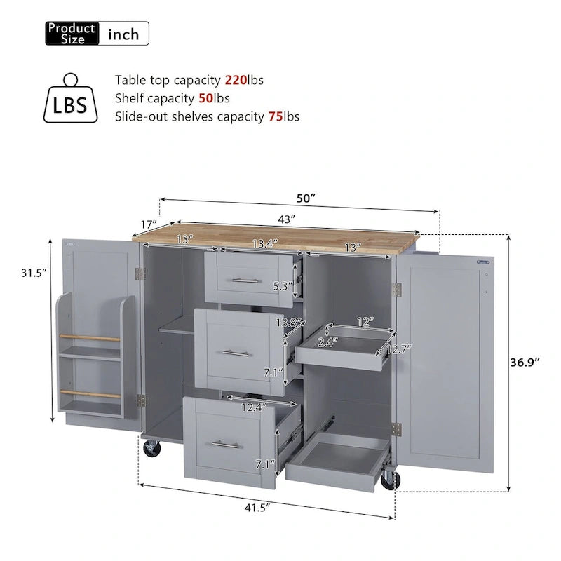 Îlot de cuisine de 127 cm de large avec 3 tiroirs, 2 étagères coulissantes et un support de rangement interne