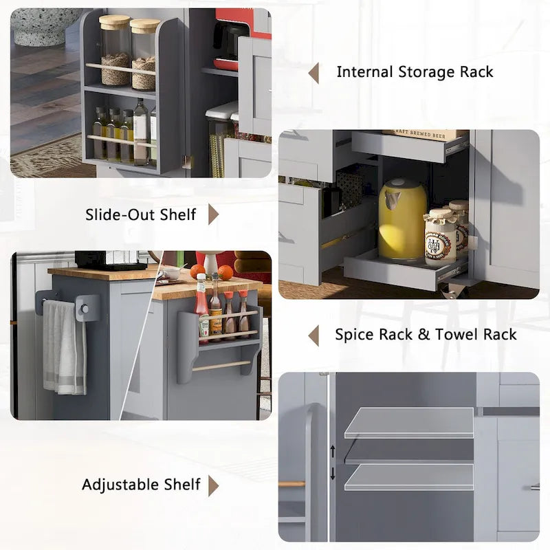 Îlot de cuisine de 127 cm de large avec 3 tiroirs, 2 étagères coulissantes et un support de rangement interne