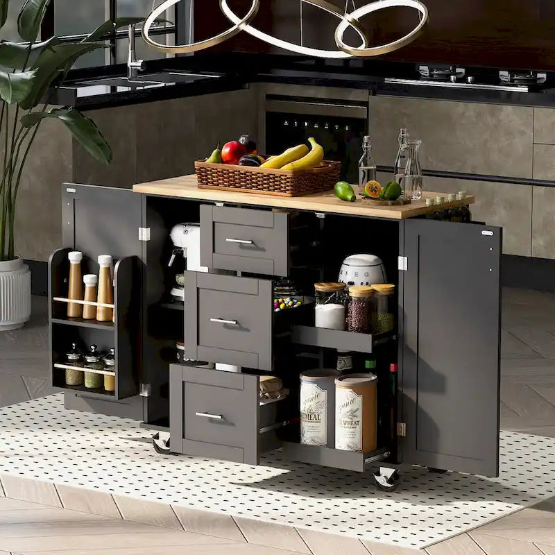 Îlot de cuisine de 127 cm de large avec 3 tiroirs, 2 étagères coulissantes et un support de rangement interne
