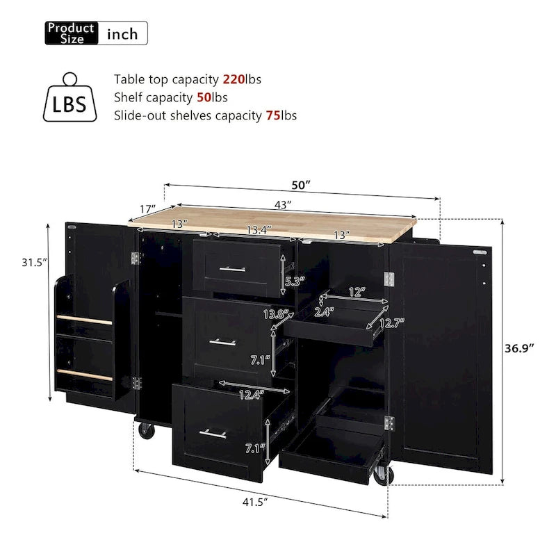 Îlot de cuisine de 127 cm de large avec 3 tiroirs, 2 étagères coulissantes et un support de rangement interne