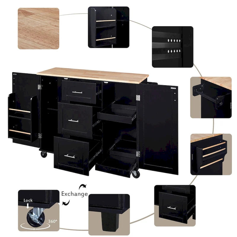 Îlot de cuisine de 127 cm de large avec 3 tiroirs, 2 étagères coulissantes et un support de rangement interne