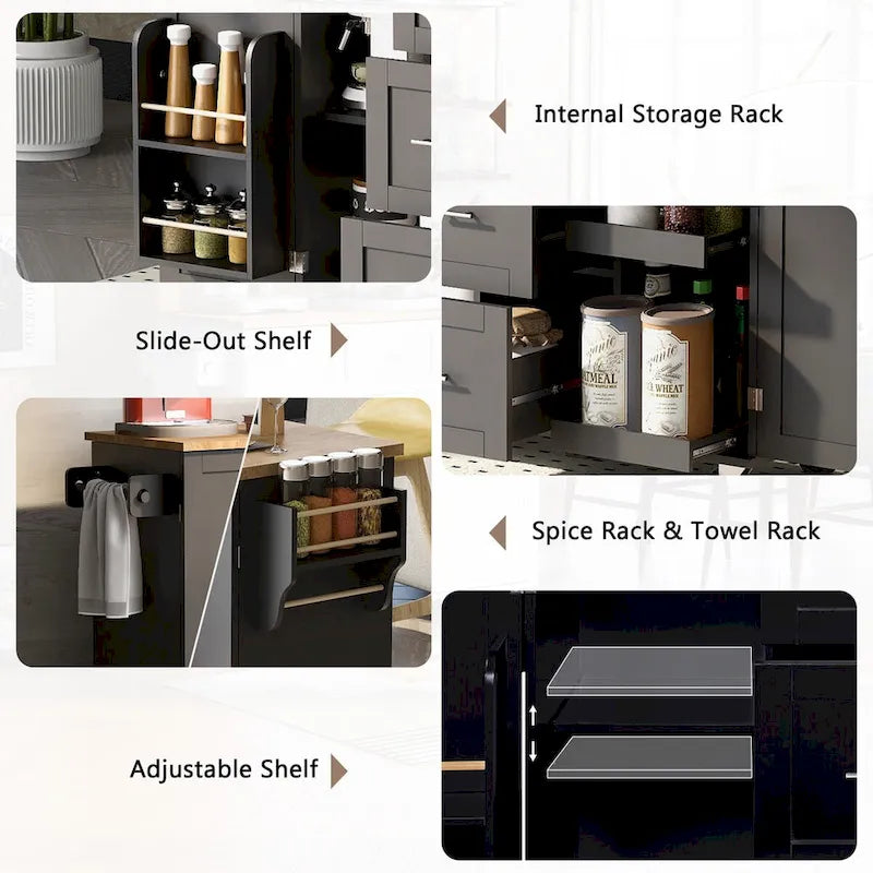 Îlot de cuisine de 127 cm de large avec 3 tiroirs, 2 étagères coulissantes et un support de rangement interne