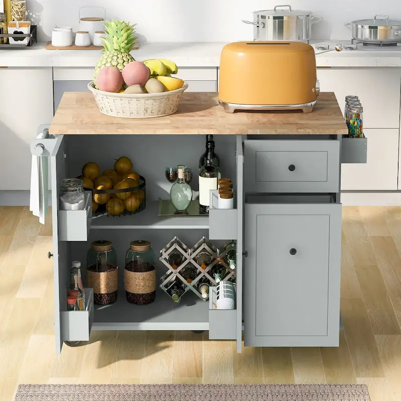 Îlot de cuisine avec abattant, chariot roulant avec étagère de rangement et organisateur de placard coulissant à 3 niveaux avec porte-épices