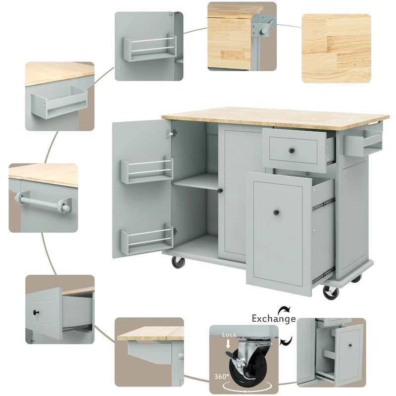 Îlot de cuisine avec abattant, chariot roulant avec étagère de rangement et organisateur de placard coulissant à 3 niveaux avec porte-épices