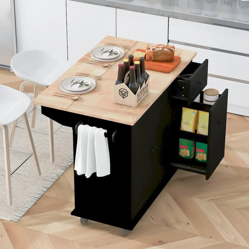 Îlot de cuisine avec abattant, chariot roulant avec étagère de rangement et organisateur de placard coulissant à 3 niveaux avec porte-épices