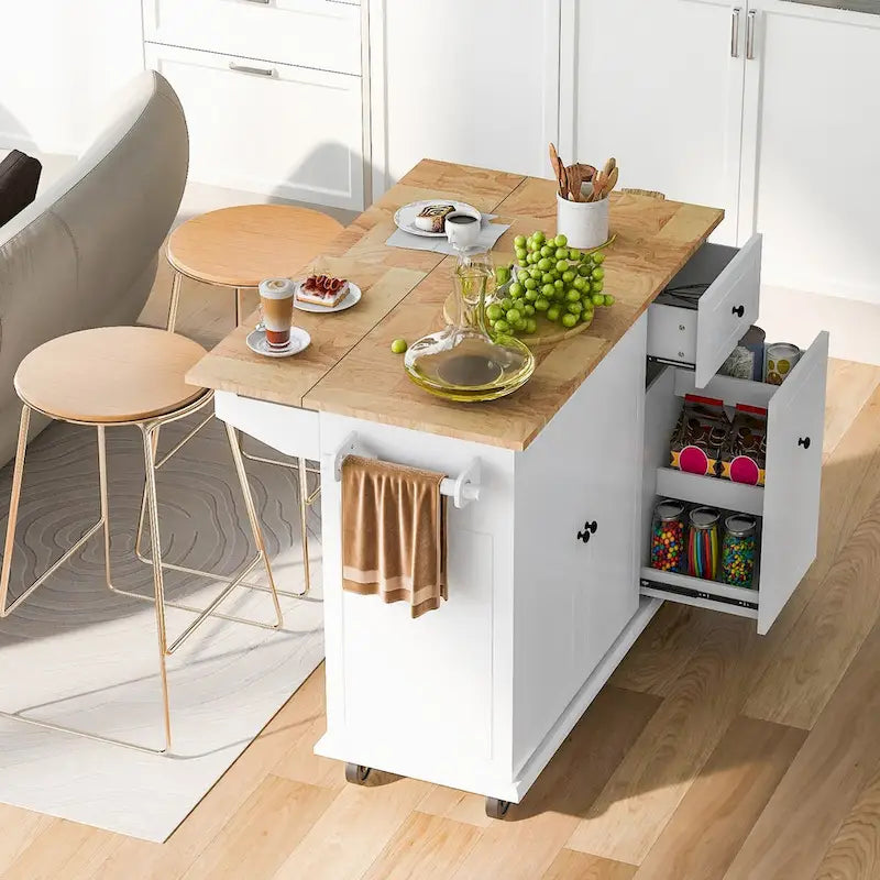 Îlot de cuisine avec abattant, chariot roulant avec étagère de rangement et organisateur de placard coulissant à 3 niveaux avec porte-épices