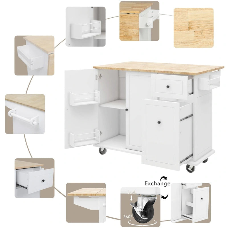 Îlot de cuisine avec abattant, chariot roulant avec étagère de rangement et organisateur de placard coulissant à 3 niveaux avec porte-épices