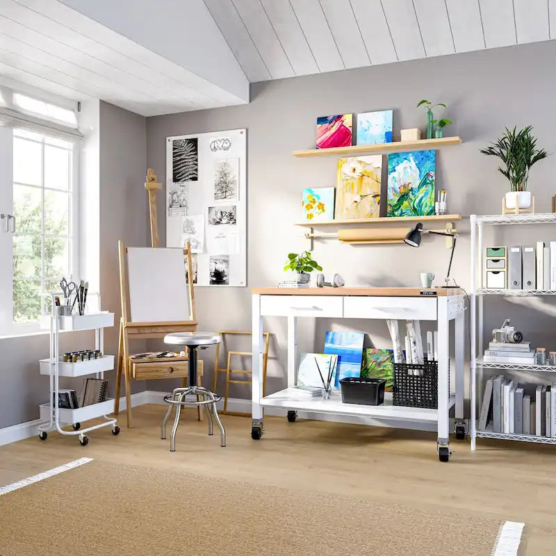 Table îlot Home Work Center avec plateau en bois massif, 48 po L x 24 po P x 36 po H, blanche