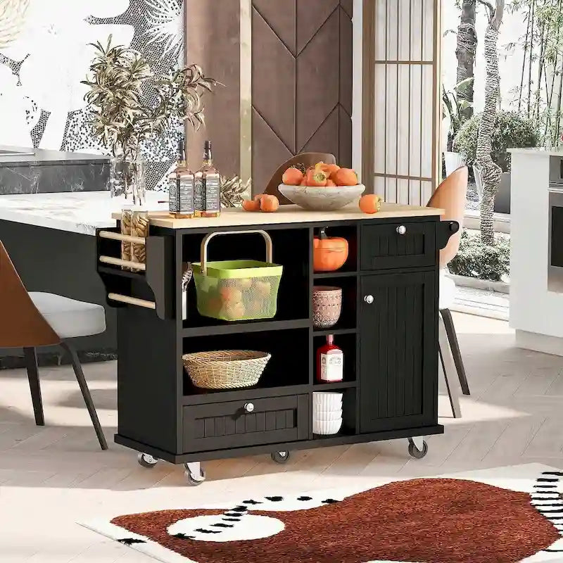 Îlot de cuisine polyvalent en bois massif de 50,80 W avec rangement et deux roulettes verrouillables