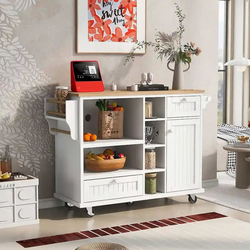 Îlot de cuisine polyvalent en bois massif de 50,80 W avec rangement et deux roulettes verrouillables