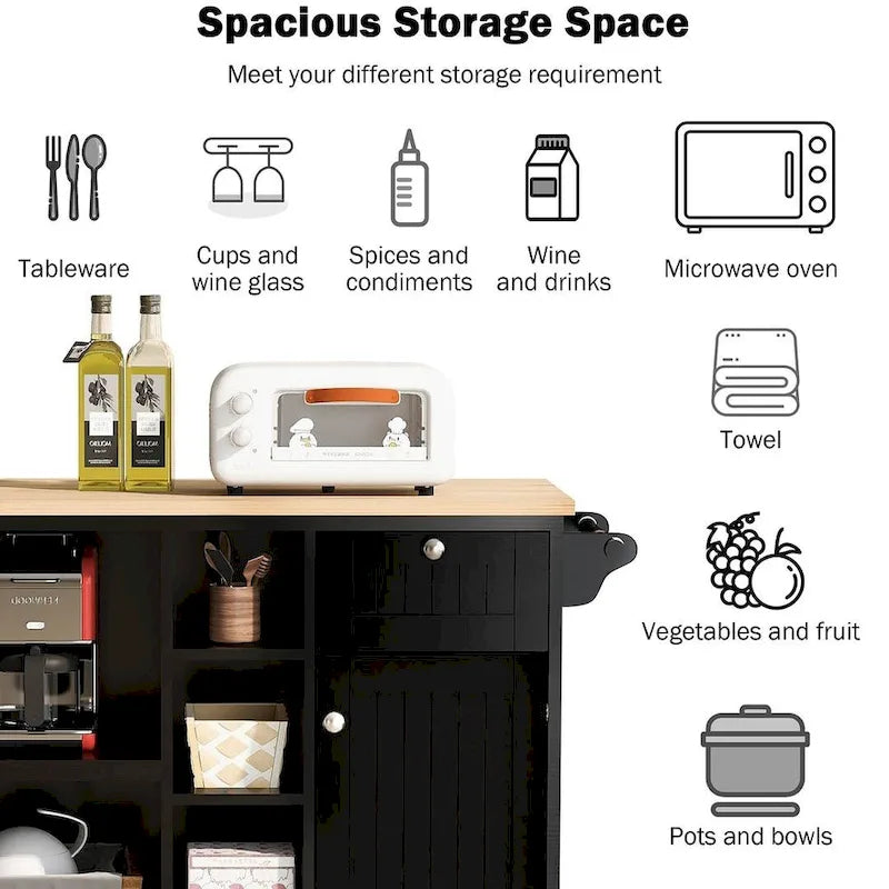 Îlot de cuisine polyvalent en bois massif de 50,80 W avec rangement et deux roulettes verrouillables