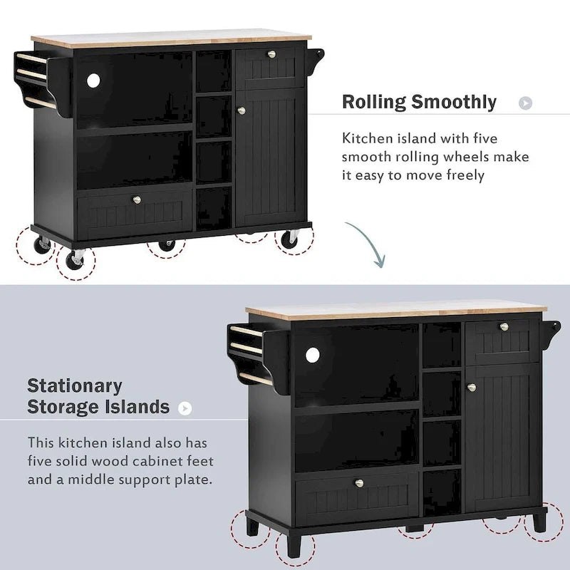Îlot de cuisine polyvalent en bois massif de 50,80 W avec rangement et deux roulettes verrouillables