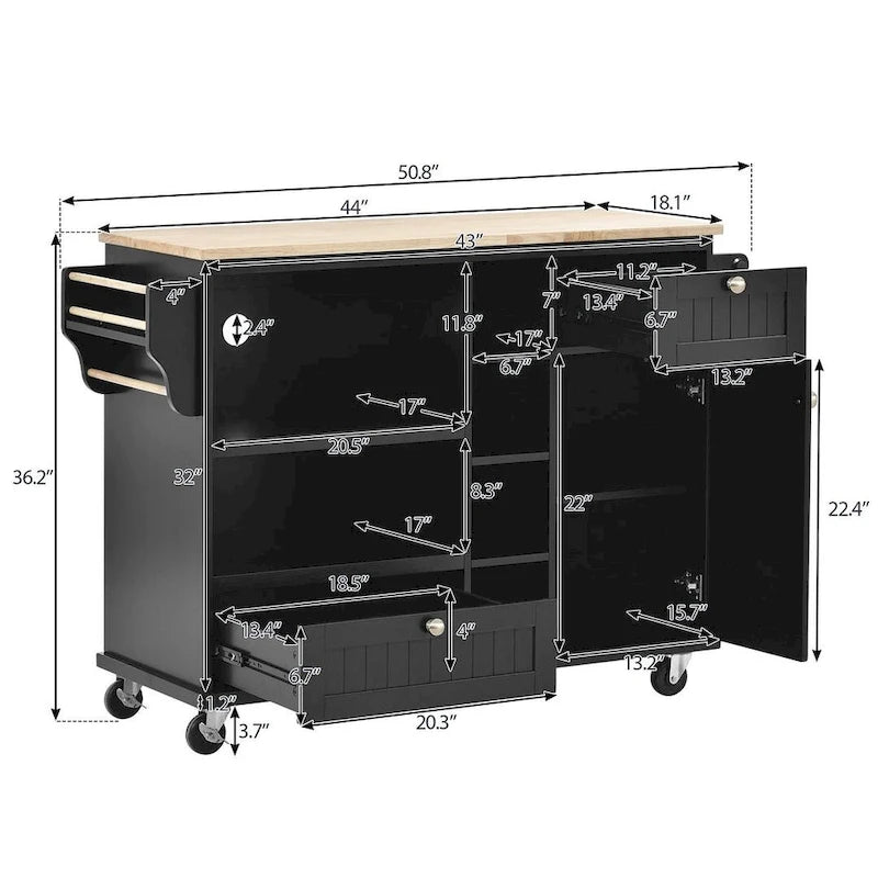 Îlot de cuisine polyvalent en bois massif de 50,80 W avec rangement et deux roulettes verrouillables