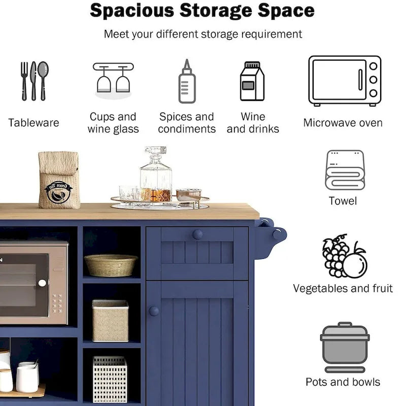 Îlot de cuisine polyvalent en bois massif de 50,80 W avec rangement et deux roulettes verrouillables