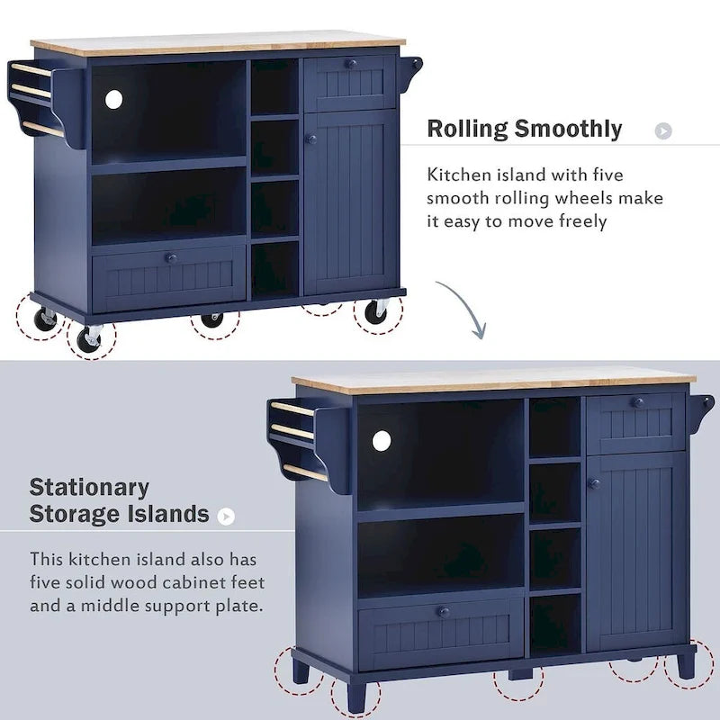 Îlot de cuisine polyvalent en bois massif de 50,80 W avec rangement et deux roulettes verrouillables