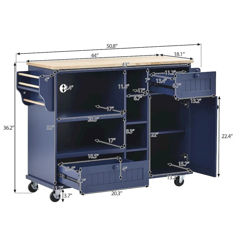 Îlot de cuisine polyvalent en bois massif de 50,80 W avec rangement et deux roulettes verrouillables