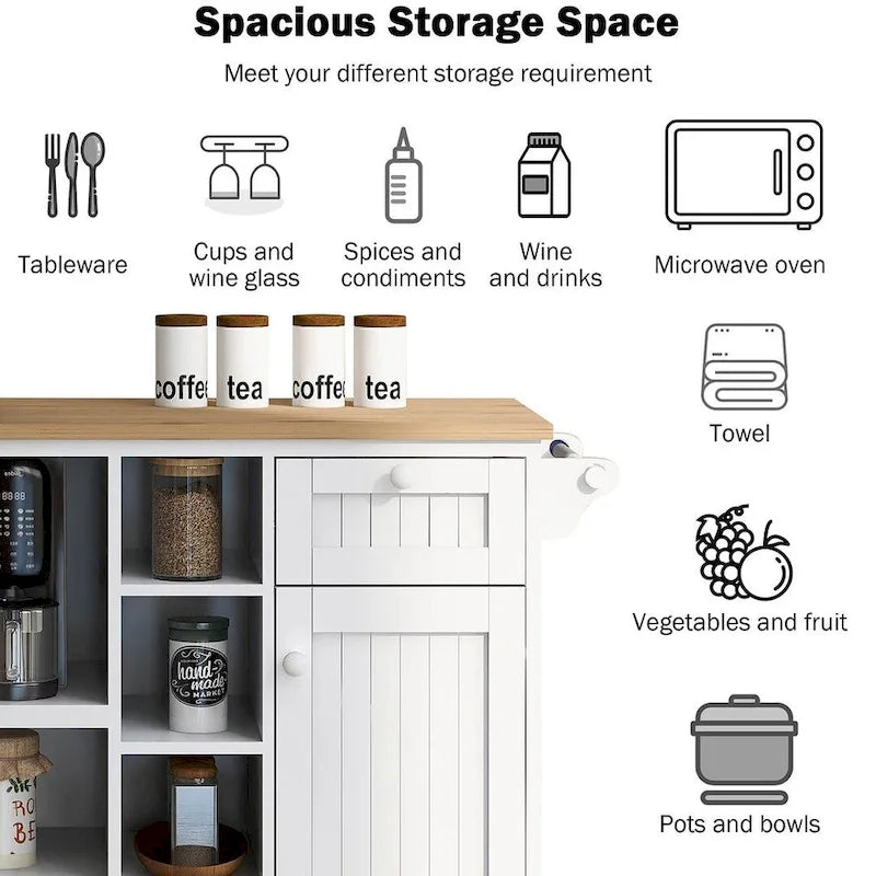 Îlot de cuisine polyvalent en bois massif de 50,80 W avec rangement et deux roulettes verrouillables