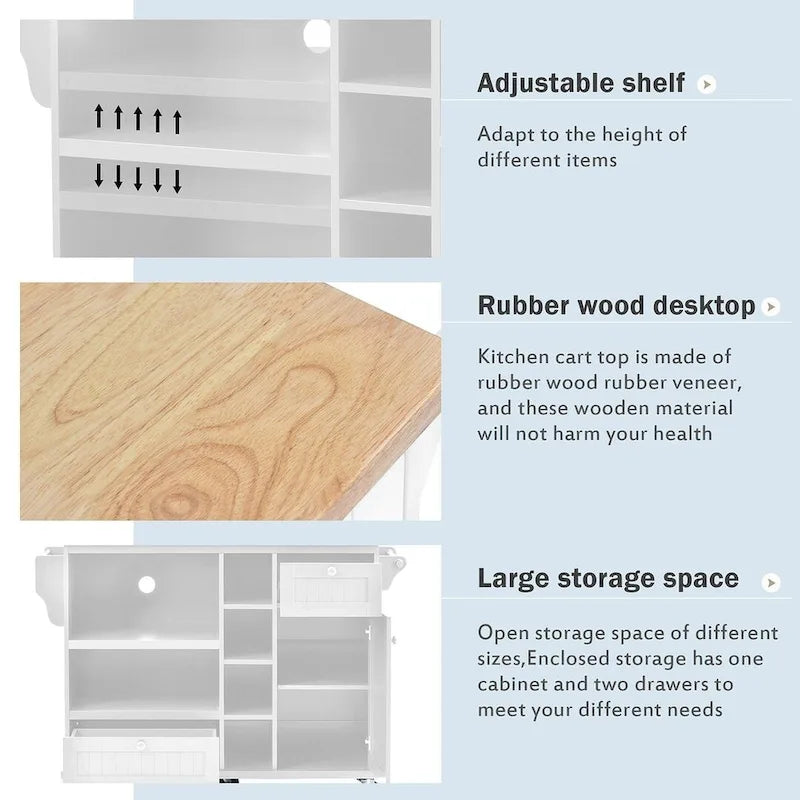 Îlot de cuisine polyvalent en bois massif de 50,80 W avec rangement et deux roulettes verrouillables