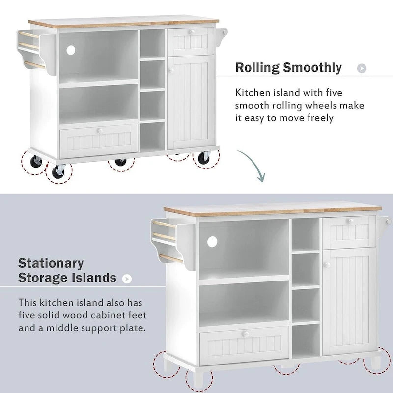 Îlot de cuisine polyvalent en bois massif de 50,80 W avec rangement et deux roulettes verrouillables