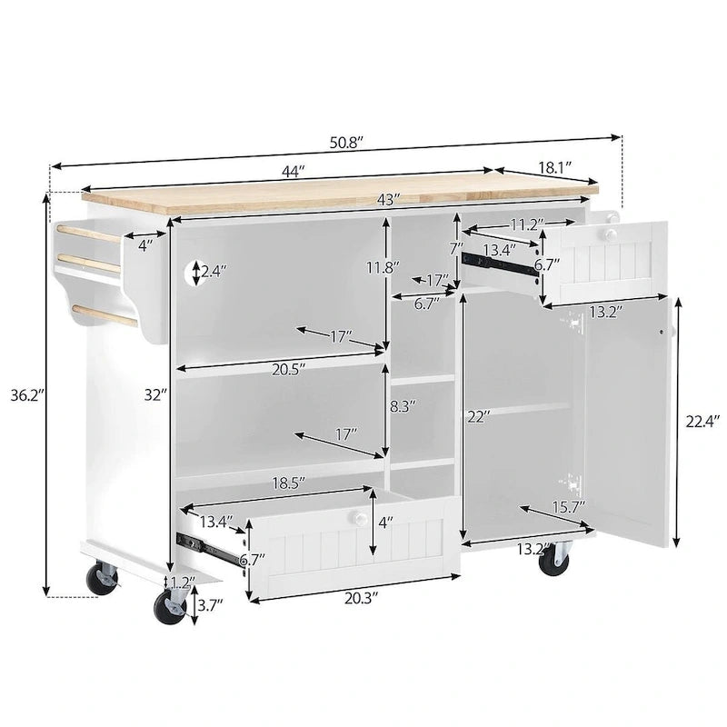Îlot de cuisine polyvalent en bois massif de 50,80 W avec rangement et deux roulettes verrouillables