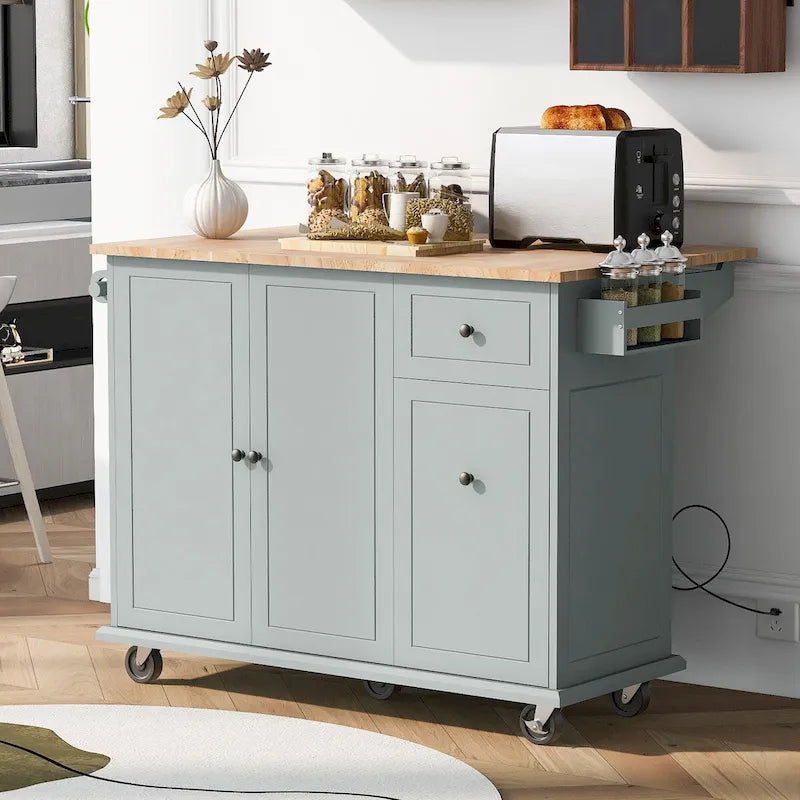 Îlot de cuisine avec abattant, chariot de cuisine roulant de 137 cm de large avec étagère de rangement interne