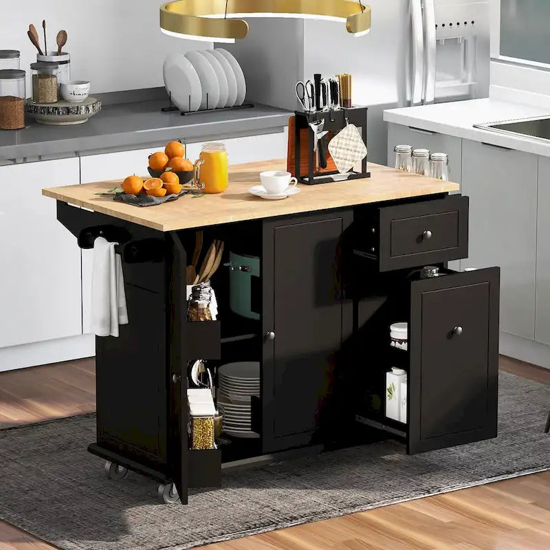 Îlot de cuisine avec abattant, chariot de cuisine roulant de 137 cm de large avec étagère de rangement interne