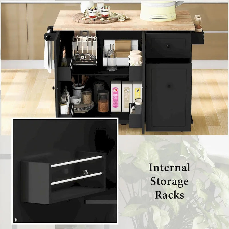 Îlot de cuisine avec abattant, chariot de cuisine roulant de 137 cm de large avec étagère de rangement interne
