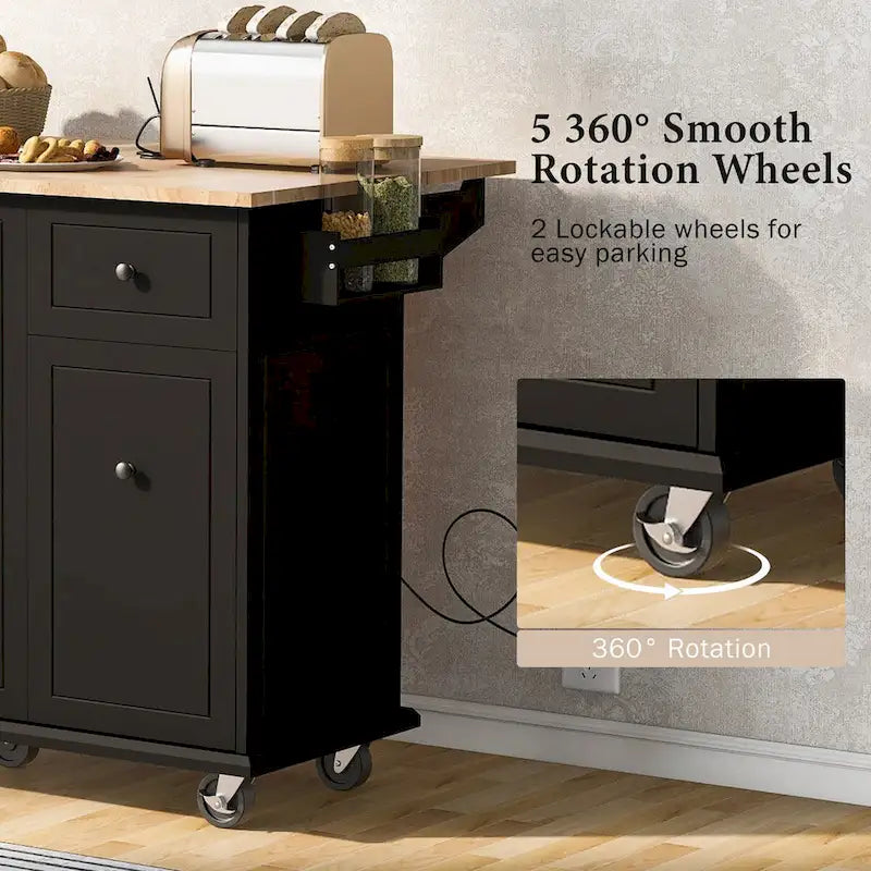 Îlot de cuisine avec abattant, chariot de cuisine roulant de 137 cm de large avec étagère de rangement interne