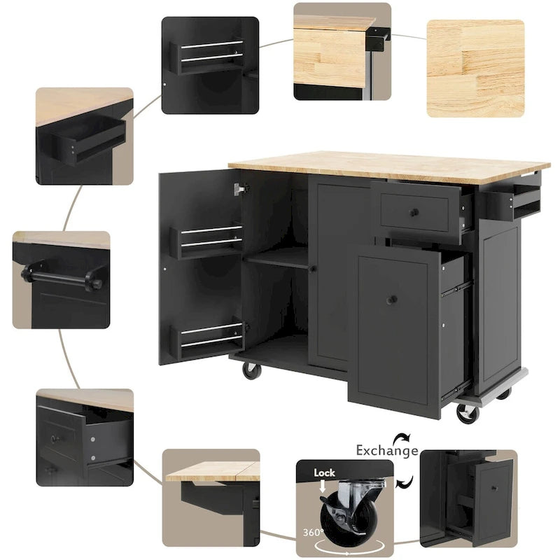 Îlot de cuisine avec abattant, chariot de cuisine roulant de 137 cm de large avec étagère de rangement interne