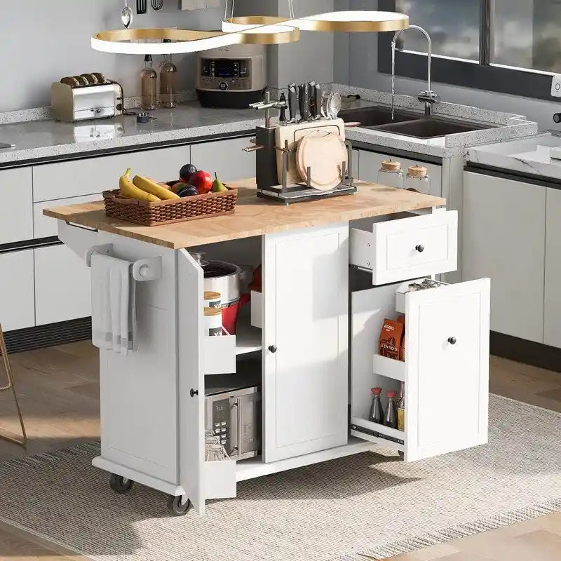 Îlot de cuisine avec abattant, Desserte de cuisine roulante avec étagère de rangement interne