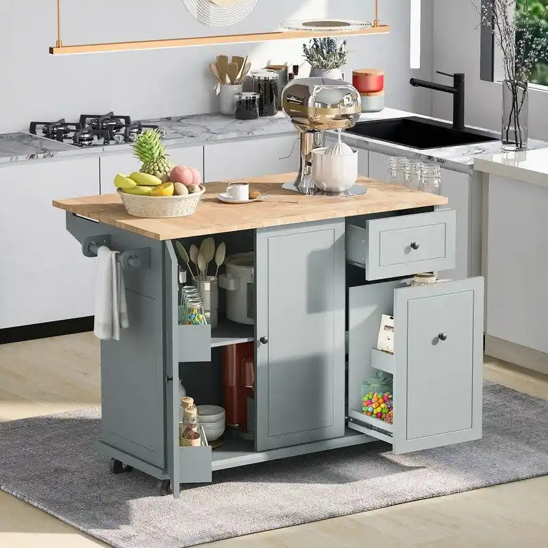 Îlot de cuisine avec abattant, Desserte de cuisine roulante avec étagère de rangement interne