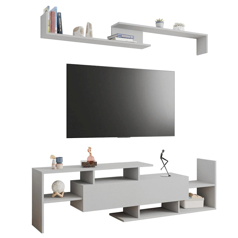 Meuble TV mural flottant Surrey de 60,2 po (2 morceaux) à 1 tiroir et tablettes ouvertes