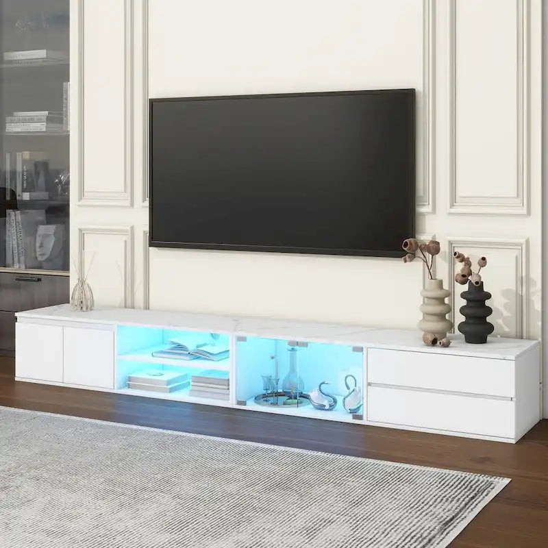 Meuble TV moderne pour téléviseurs jusqu'à 105 pouces, portes en verre trempé, meuble de divertissement avec 2 tiroirs et armoires pour salon