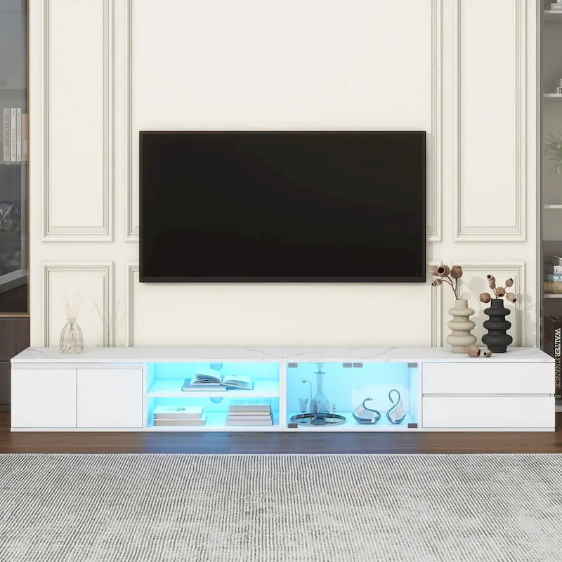 Meuble TV moderne pour téléviseurs jusqu'à 105 pouces, portes en verre trempé, meuble de divertissement avec 2 tiroirs et armoires pour salon