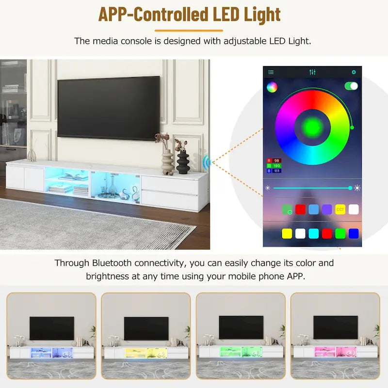 Meuble TV moderne pour téléviseurs jusqu'à 105 pouces, portes en verre trempé, meuble de divertissement avec 2 tiroirs et armoires pour salon