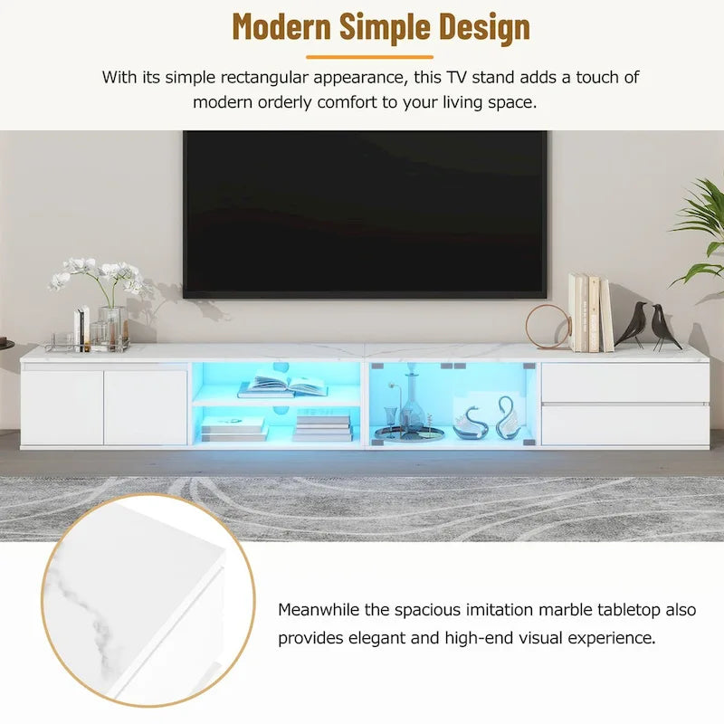 Meuble TV moderne pour téléviseurs jusqu'à 105 pouces, portes en verre trempé, meuble de divertissement avec 2 tiroirs et armoires pour salon