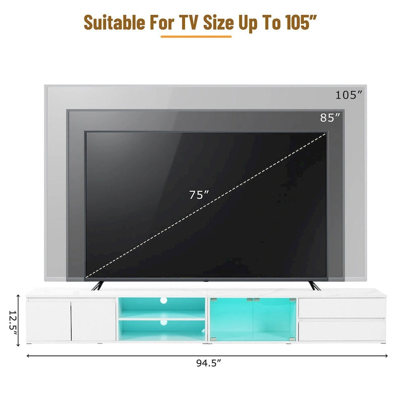 Meuble TV moderne pour téléviseurs jusqu'à 105 pouces, portes en verre trempé, meuble de divertissement avec 2 tiroirs et armoires pour salon