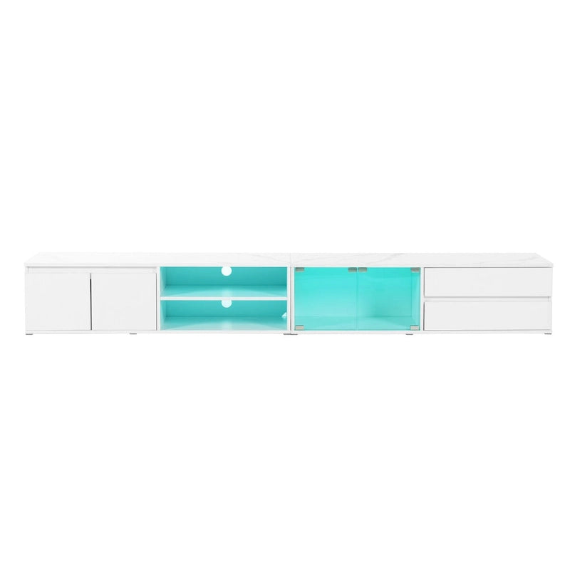 Meuble TV moderne pour téléviseurs jusqu'à 105 pouces, portes en verre trempé, meuble de divertissement avec 2 tiroirs et armoires pour salon