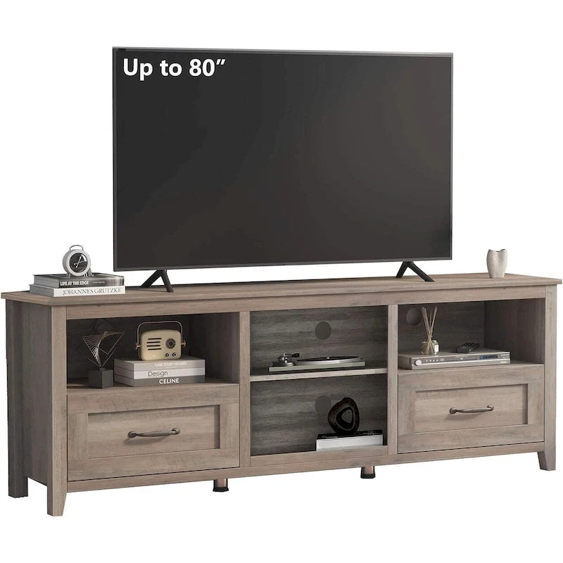 Meuble TV gris avec tiroirs de rangement et gestion des câbles pour TV de 65/75 pouces - M