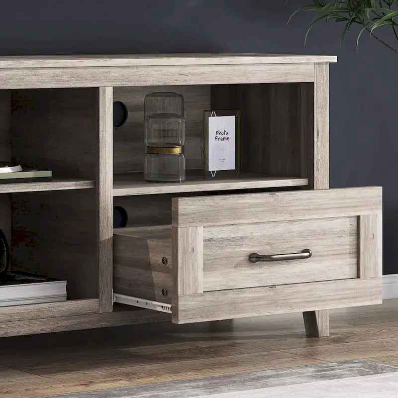 Meuble TV gris avec tiroirs de rangement et gestion des câbles pour TV de 65/75 pouces - M