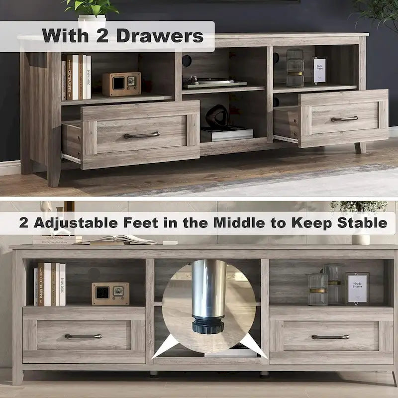 Meuble TV gris avec tiroirs de rangement et gestion des câbles pour TV de 65/75 pouces - M