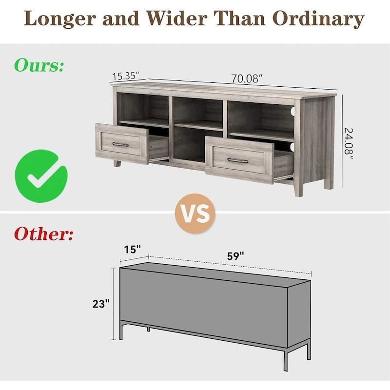 Meuble TV gris avec tiroirs de rangement et gestion des câbles pour TV de 65/75 pouces - M