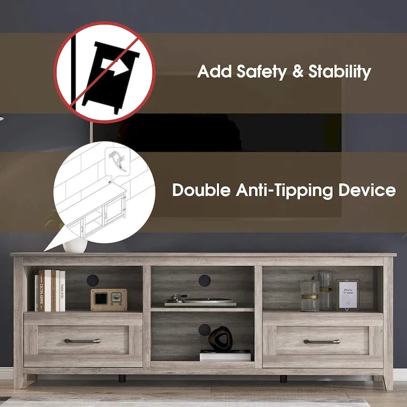 Meuble TV gris avec tiroirs de rangement et gestion des câbles pour TV de 65/75 pouces - M