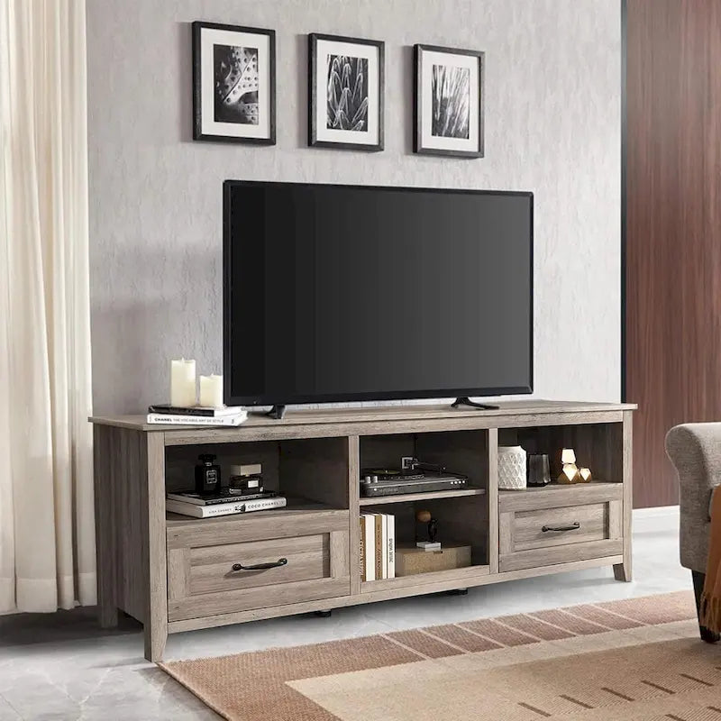 Meuble TV gris avec tiroirs de rangement et gestion des câbles pour TV de 65/75 pouces - M