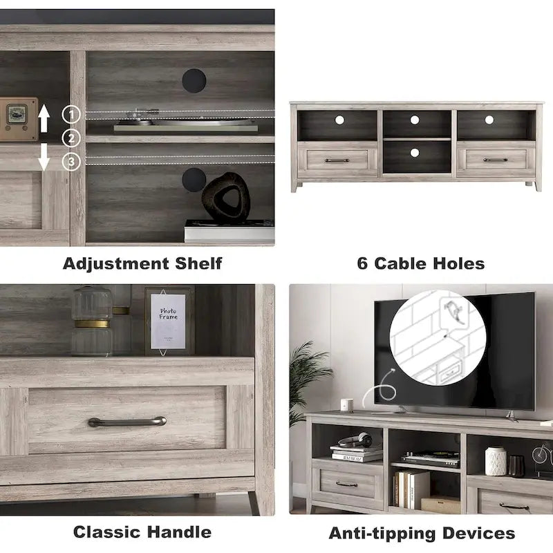 Meuble TV gris avec tiroirs de rangement et gestion des câbles pour TV de 65/75 pouces - M