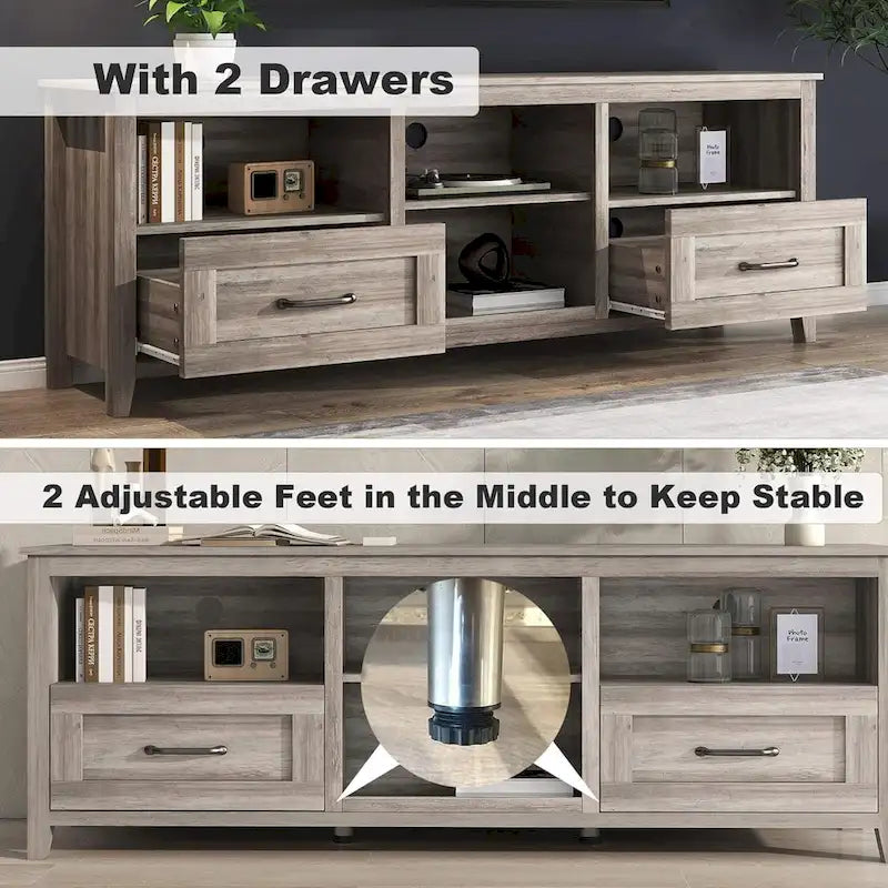 Meuble TV gris avec tiroirs de rangement et gestion des câbles pour TV de 65/75 pouces - M