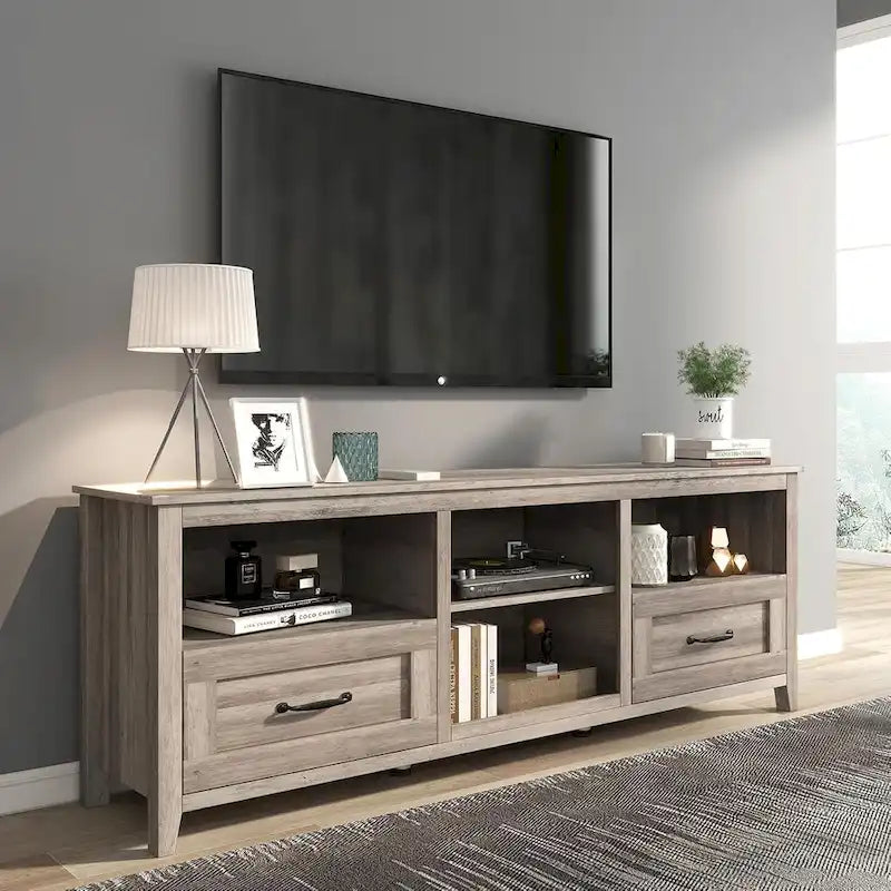 Meuble TV gris avec tiroirs de rangement et gestion des câbles pour TV de 65/75 pouces - M