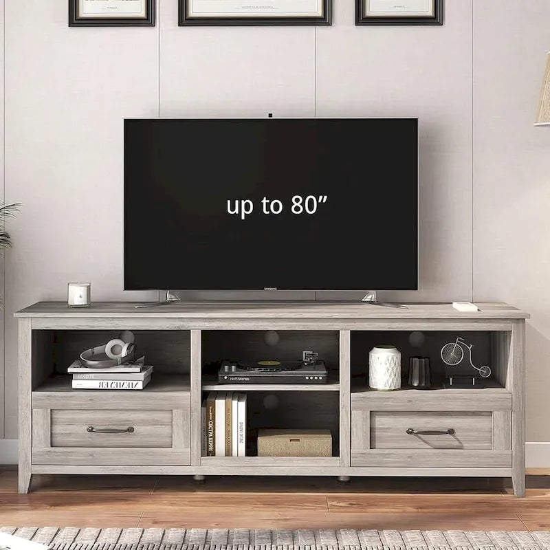 Meuble TV gris avec tiroirs de rangement et gestion des câbles pour TV de 65/75 pouces - M