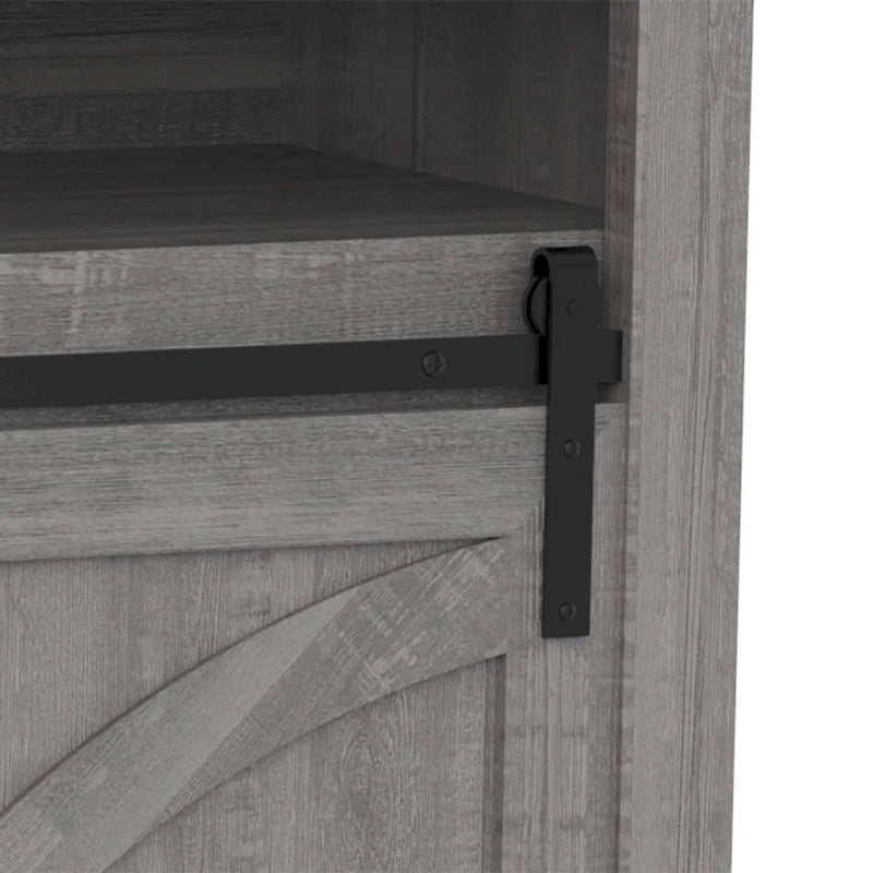 Meuble TV coulissant gris 68 po avec compartiment de rangement ouvert