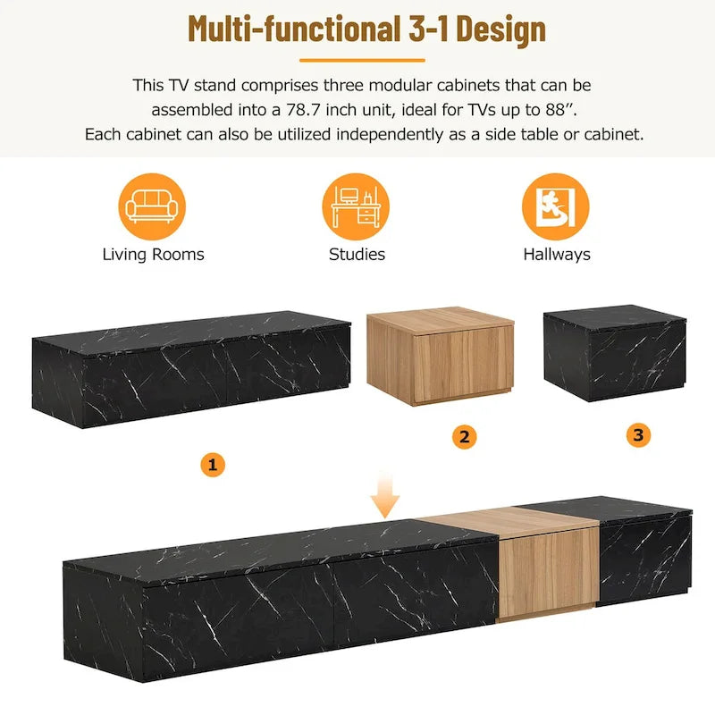 Meuble TV pour téléviseurs jusqu'à 88", Meuble TV modulable moderne avec 4 tiroirs de rangement